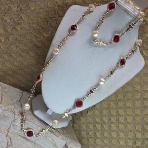 Vintage Gold-Tone Necklace with Red Crystal and Pearl Accents Flue Elise
